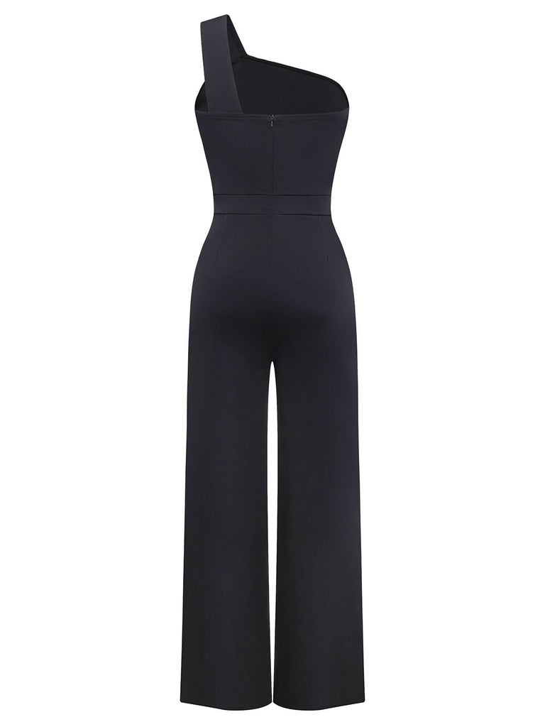 Black 1980s One Shoulder Wide Leg Belt Jumpsuit - vintage jumpsuit, retro fashion, classic black