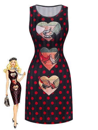 Black 1980s Polka Dot Heart Graphic Pencil Dress - vintage dress, retro fashion, classic black