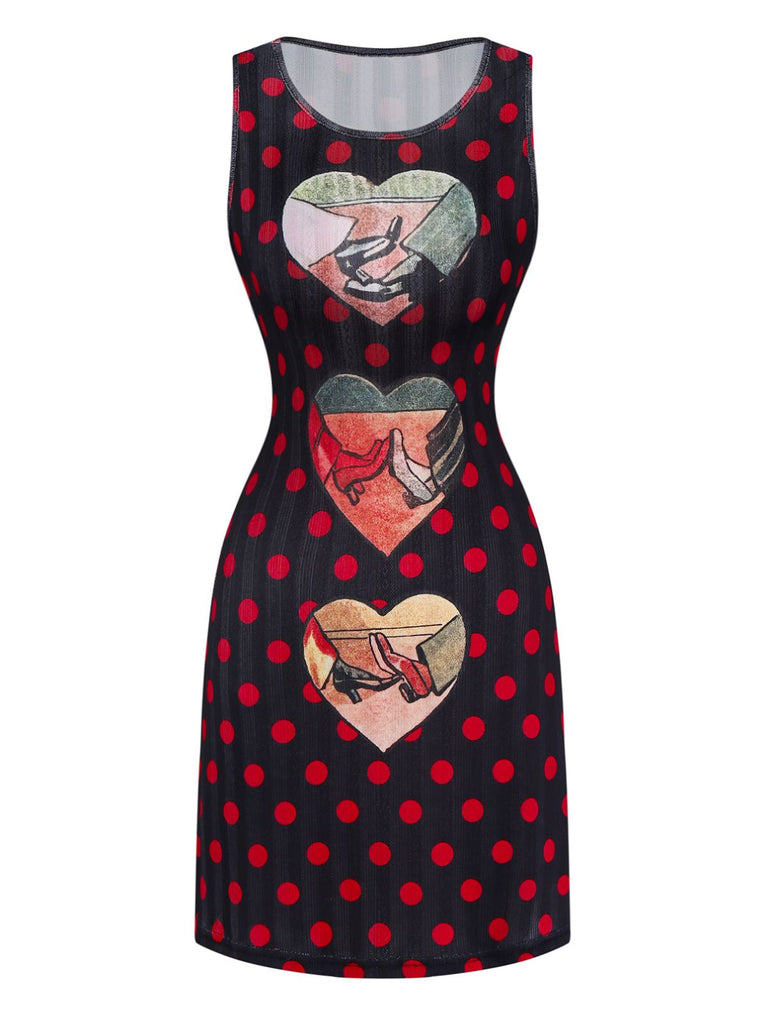 Black 1980s Polka Dot Heart Graphic Pencil Dress - vintage dress, retro fashion, classic black