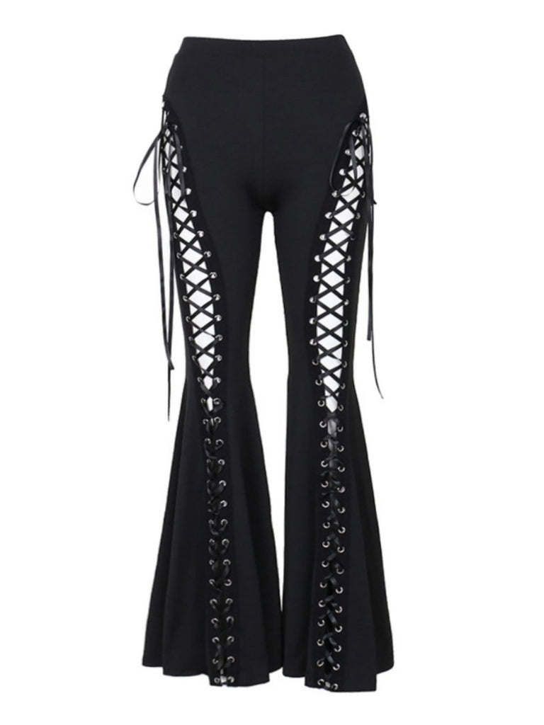 Black 1980s Punk Drawstring Laced Bootcut Pants - vintage fashion, retro style, classic black