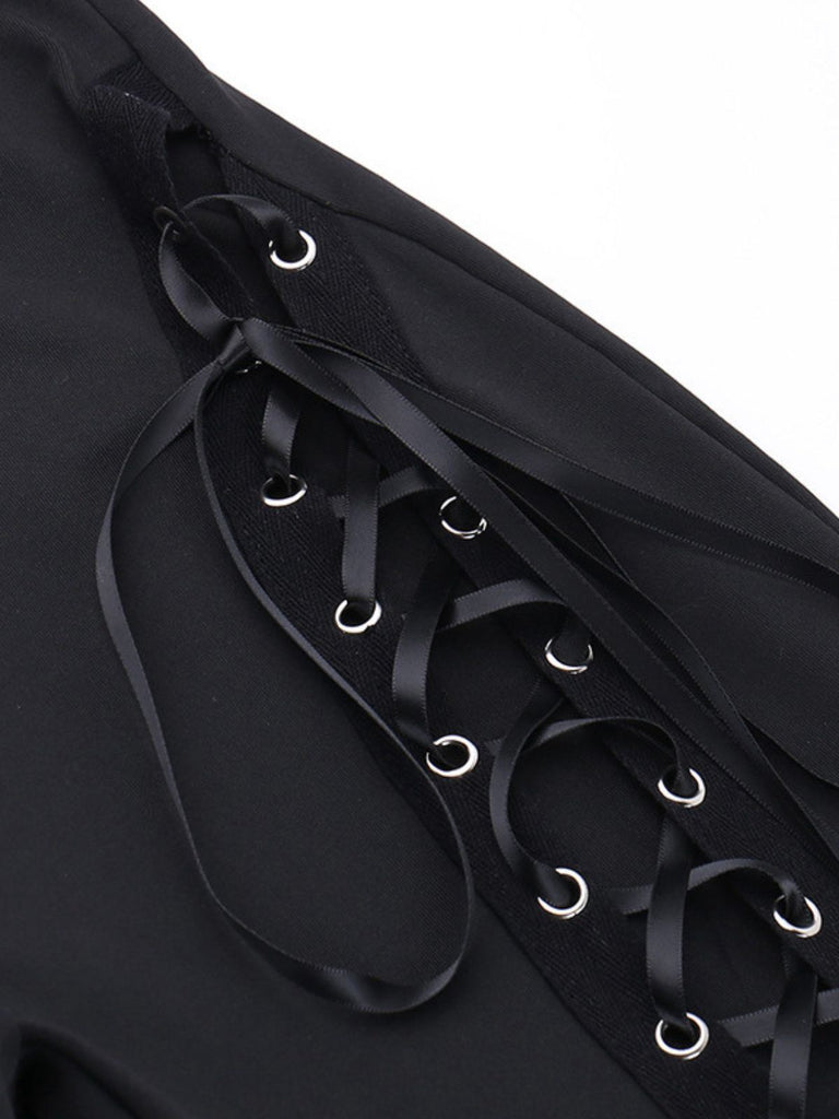 Black 1980s Punk Drawstring Laced Bootcut Pants - vintage fashion, retro style, classic black