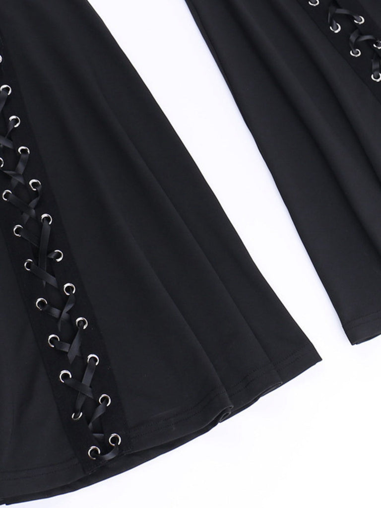 Black 1980s Punk Drawstring Laced Bootcut Pants - vintage fashion, retro style, classic black