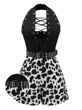 Black 1980s Punk Halter Hollow Cow Pattern Romper - vintage jumpsuit, retro fashion, classic black