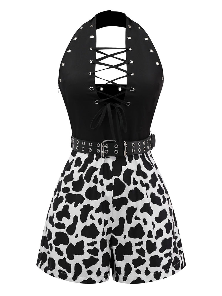 Black 1980s Punk Halter Hollow Cow Pattern Romper - vintage jumpsuit, retro fashion, classic black