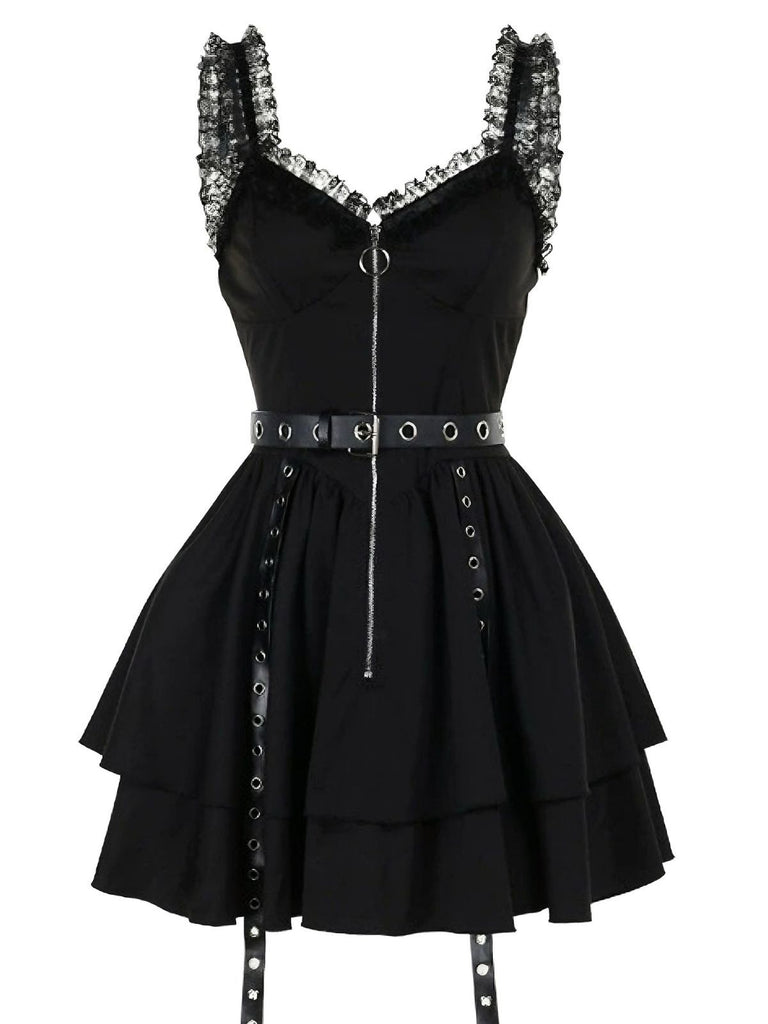 Black 1980s Punk Metal Belted Patchwork Dress - vintage dress, retro fashion, classic black