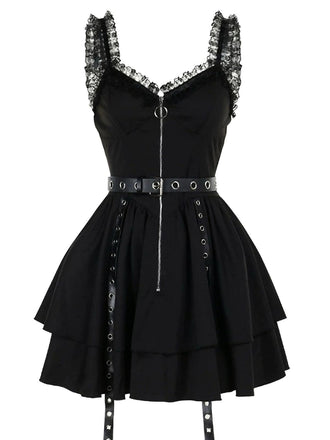 Black 1980s Punk Metal Belted Patchwork Dress - vintage dress, retro fashion, classic black