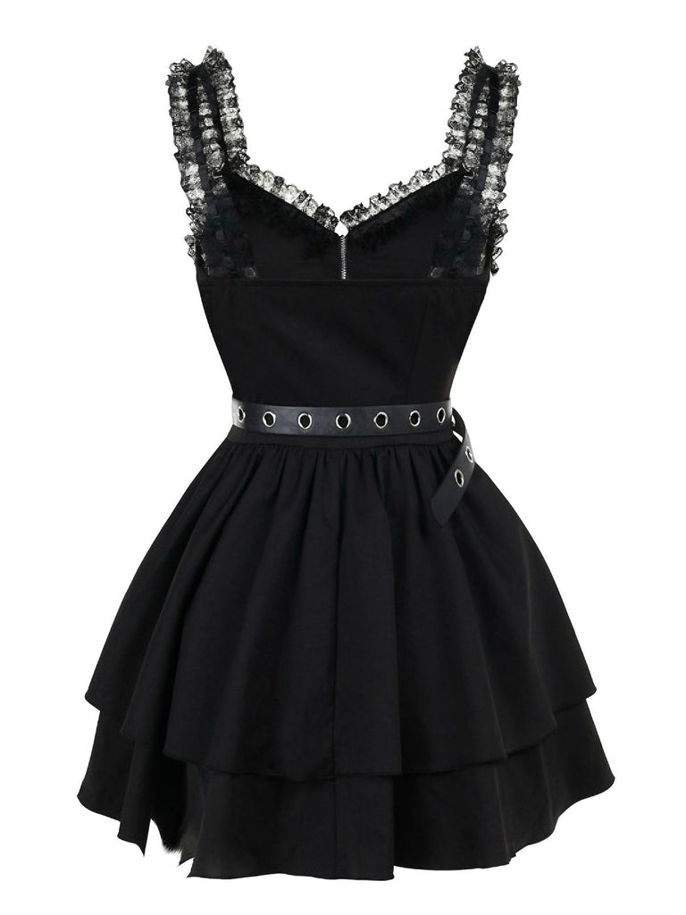 Black 1980s Punk Metal Belted Patchwork Dress - vintage dress, retro fashion, classic black