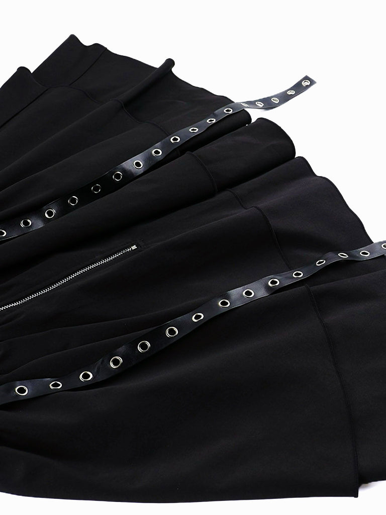 Black 1980s Punk Metal Belted Patchwork Dress - vintage dress, retro fashion, classic black