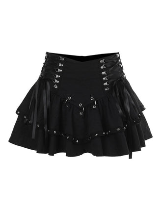 Black 1980s Punk Metal Button Lace-Up Skirt - vintage skirt, retro style, classic black