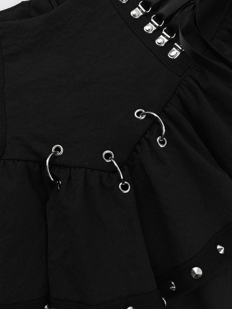 Black 1980s Punk Metal Button Lace-Up Skirt - vintage skirt, retro style, classic black