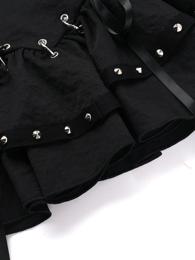 Black 1980s Punk Metal Button Lace-Up Skirt - vintage skirt, retro style, classic black