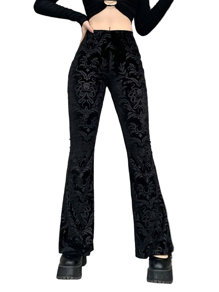 Black 1980s Punk Vine Print Velvet Bootcut Pants - vintage fashion, retro style, classic black