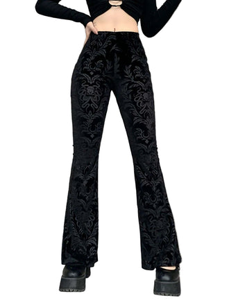 Black 1980s Punk Vine Print Velvet Bootcut Pants - vintage fashion, retro style, classic black