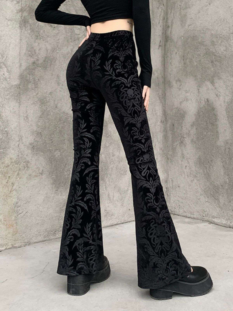 Black 1980s Punk Vine Print Velvet Bootcut Pants - vintage fashion, retro style, classic black