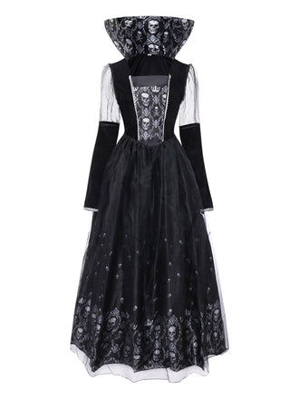 Black 1980s Queen Skull Long Sleeve Mesh Dress - vintage dress, retro fashion, classic black