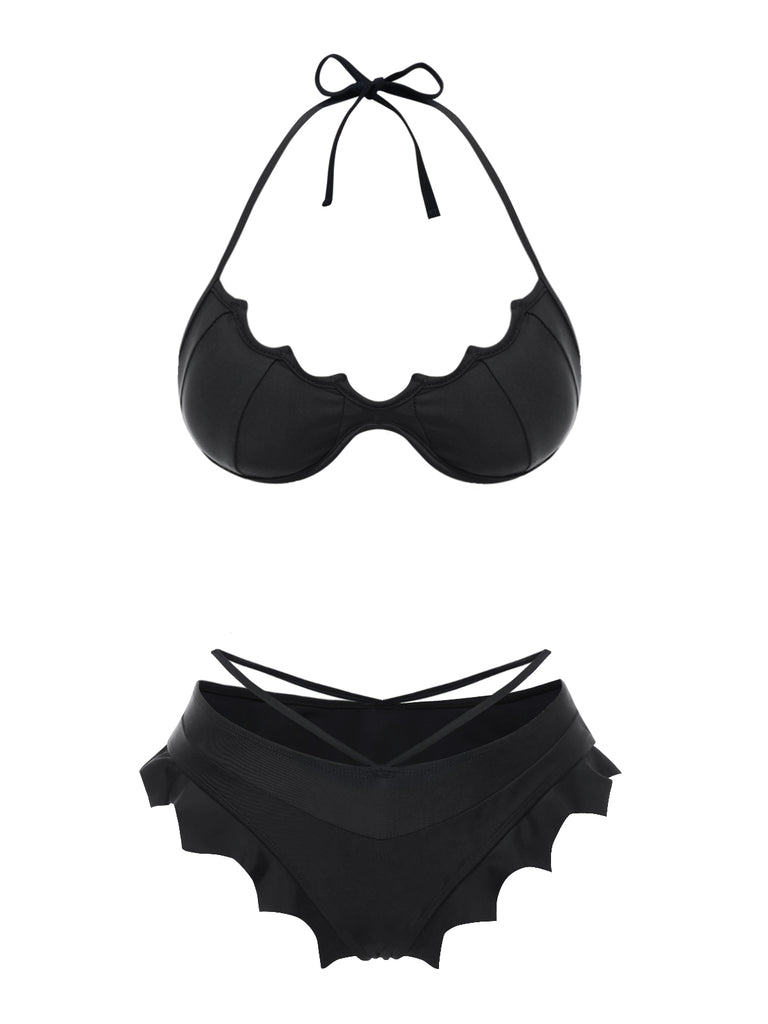 Black 1980s Solid Gothic Bat Wings Bikini Set - vintage fashion, retro style, classic black