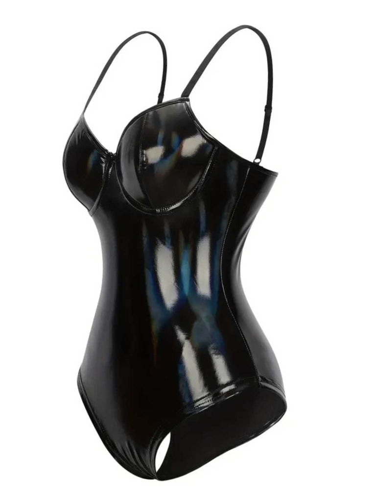 Black 1980s Spaghetti Strap Leather Bodysuit - vintage fashion, retro style, classic black