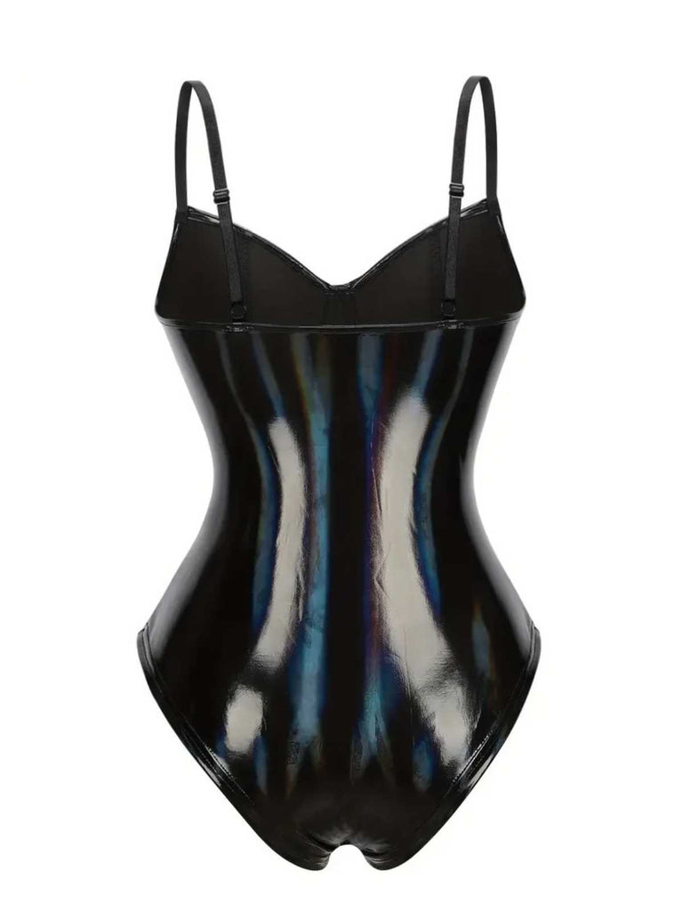 Black 1980s Spaghetti Strap Leather Bodysuit - vintage fashion, retro style, classic black