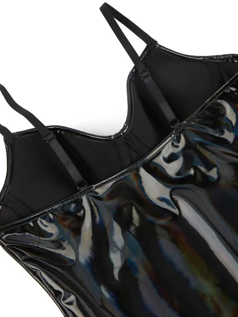 Black 1980s Spaghetti Strap Leather Bodysuit - vintage fashion, retro style, classic black