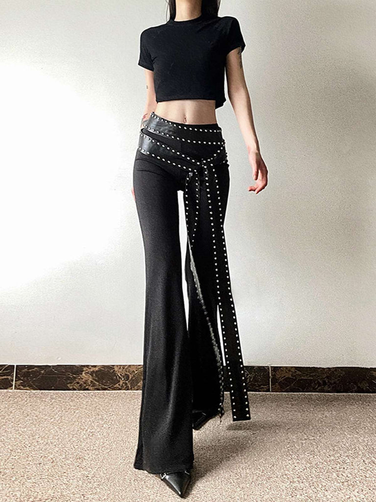 Black 1980s Steampunk Bootcut Rivet Pants — 1980s style for the woman going places