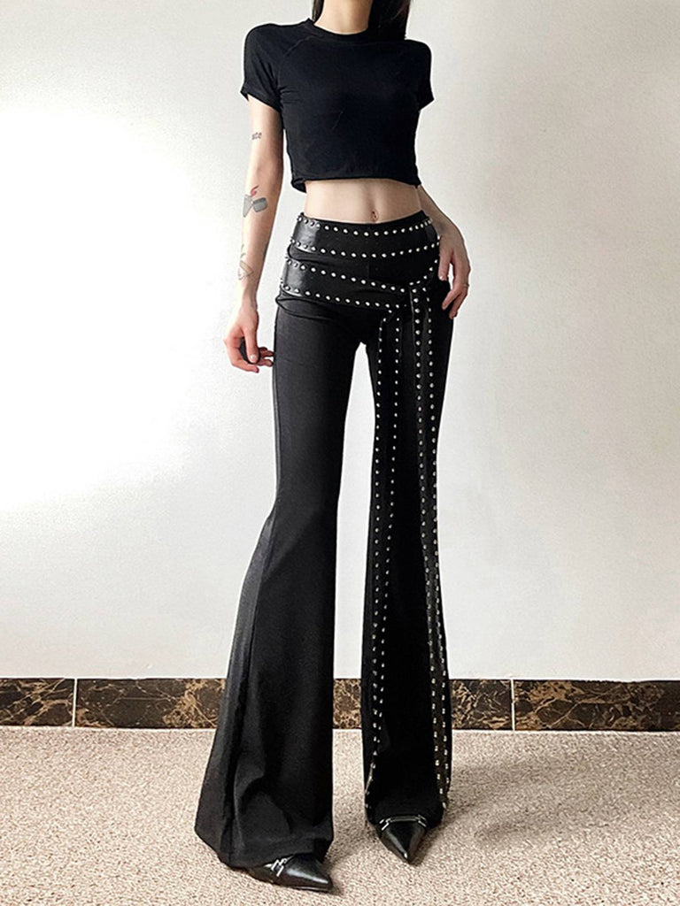 Black 1980s Steampunk Bootcut Rivet Pants — 1980s confidence tailored for her stride