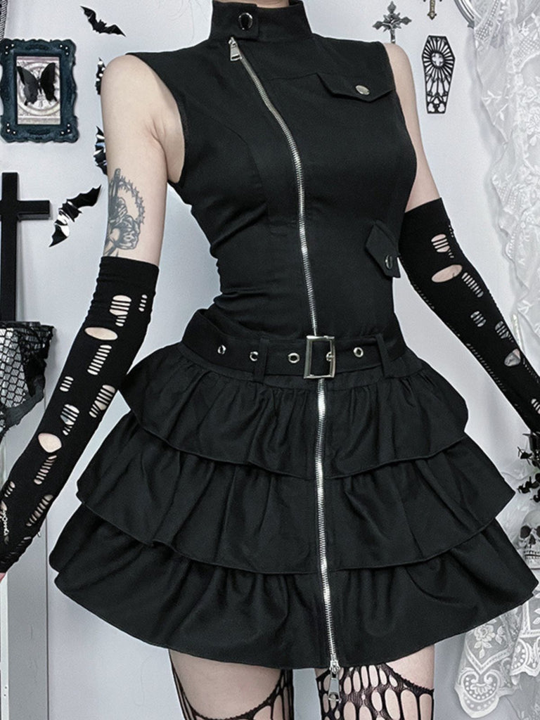 Black 1980s Steampunk Solid Zipper Belted Dress - vintage dress, retro fashion, classic black