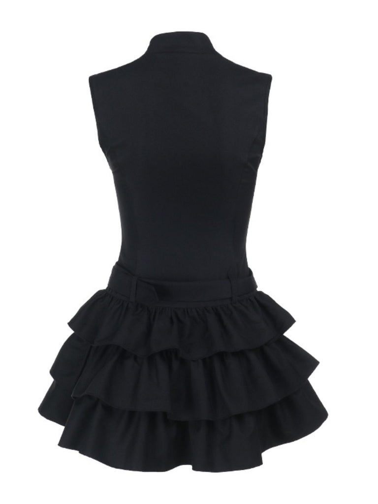 Black 1980s Steampunk Solid Zipper Belted Dress - vintage dress, retro fashion, classic black