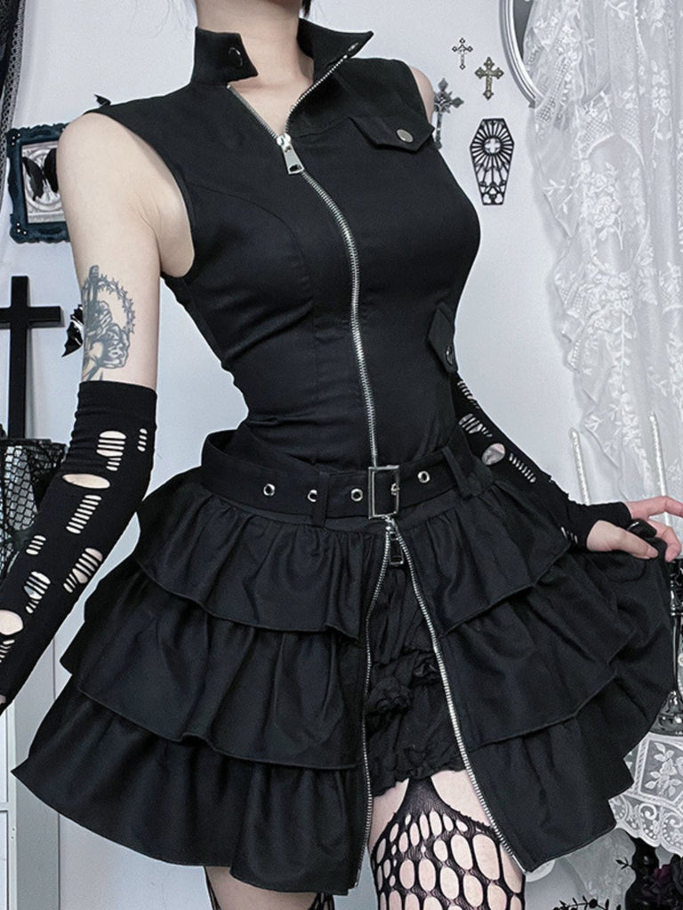Black 1980s Steampunk Solid Zipper Belted Dress - vintage dress, retro fashion, classic black