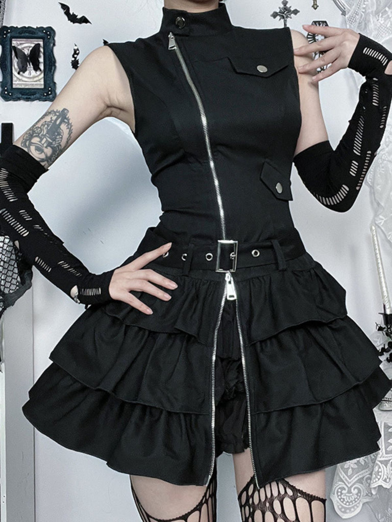 Black 1980s Steampunk Solid Zipper Belted Dress - vintage dress, retro fashion, classic black