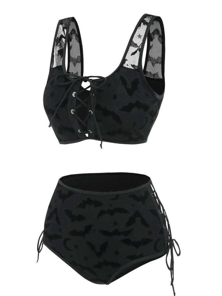 Black 1980s Strap Bat Mesh Gothic Bikini Set - vintage fashion, retro style, classic black