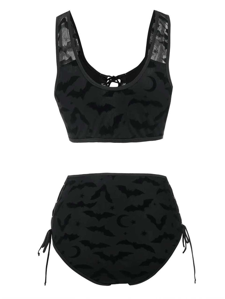 Black 1980s Strap Bat Mesh Gothic Bikini Set - vintage fashion, retro style, classic black