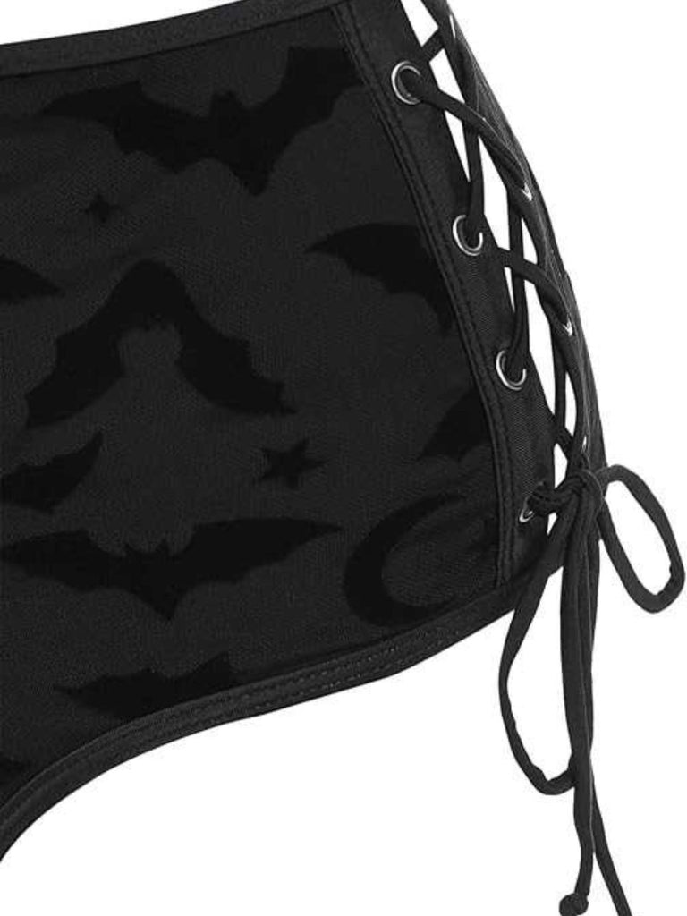 Black 1980s Strap Bat Mesh Gothic Bikini Set - vintage fashion, retro style, classic black
