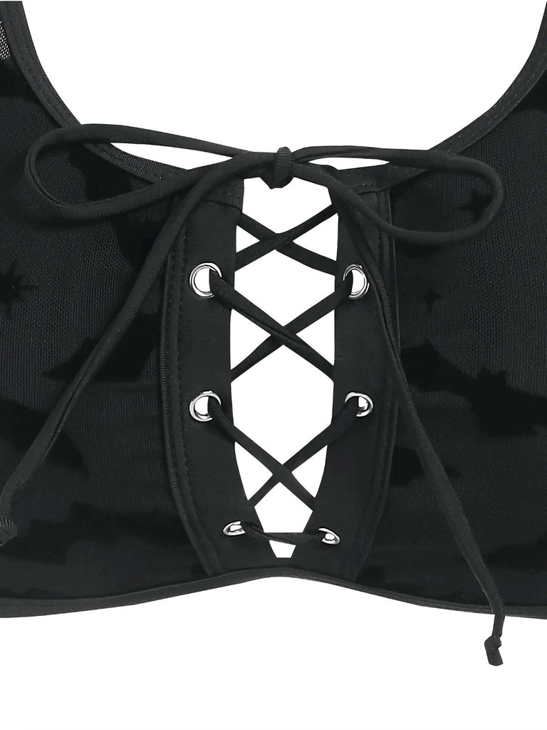 Black 1980s Strap Bat Mesh Gothic Bikini Set - vintage fashion, retro style, classic black