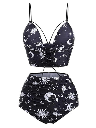 Black 1980s Strap Galaxy Print Gothic Bikini Set - vintage fashion, retro style, classic black