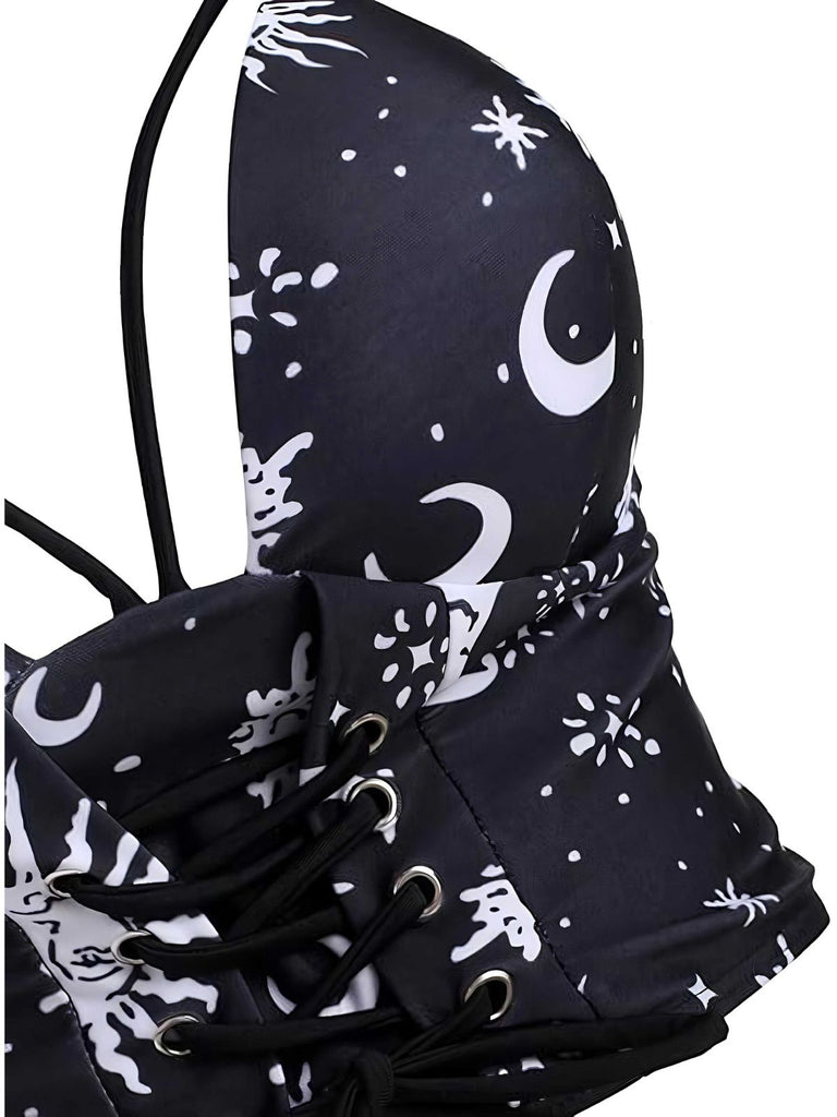 Black 1980s Strap Galaxy Print Gothic Bikini Set - vintage fashion, retro style, classic black