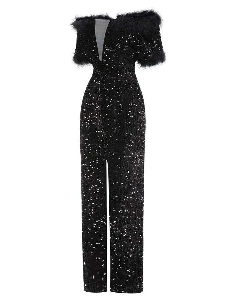 1980s VNeck Feather Sequined Jumpsuit | 1980s | vintage romper, retro jumpsuit