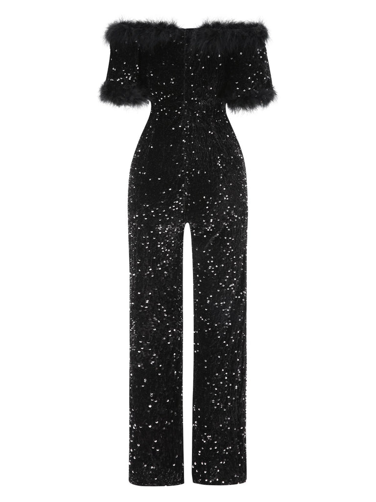 1980s VNeck Feather Sequined Jumpsuit | 1980s | vintage romper, retro jumpsuit