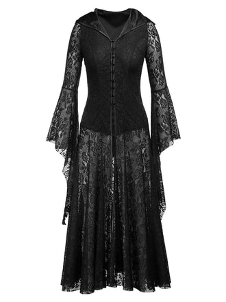 She slips into this Black 1980s V-Neck Floral Lace Hooded Dress and suddenly it's a 1980s daydream