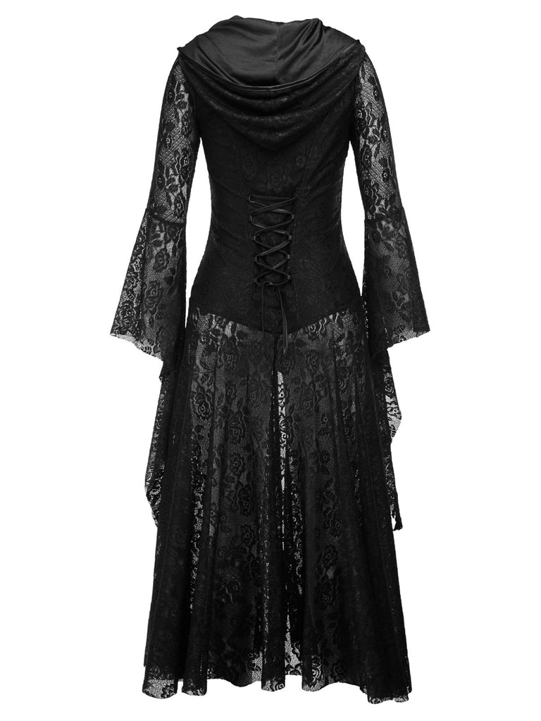 Black 1980s V-Neck Floral Lace Hooded Dress: where 1980s romance meets her modern spirit