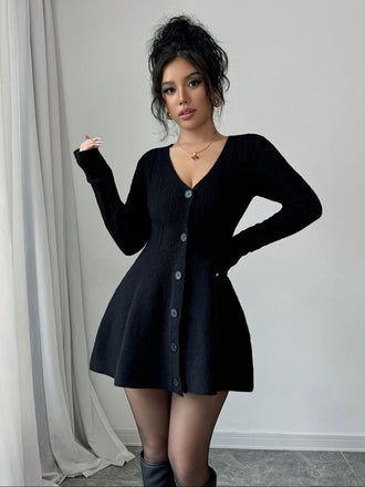 Black 1980s V-Neck Knit Sweater Dress - vintage dress, retro fashion, classic black
