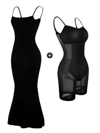 Black 2-in-1 Shapewear Slip Dress - vintage dress, retro fashion, classic black