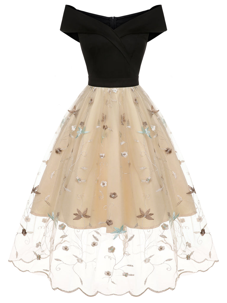 Black & Beige 1950s Floral Mesh Off-Shoulder Dress, vintage dress, retro fashion, rockabilly, pin-up fashion - perfect for women who love vintage and retro fashion