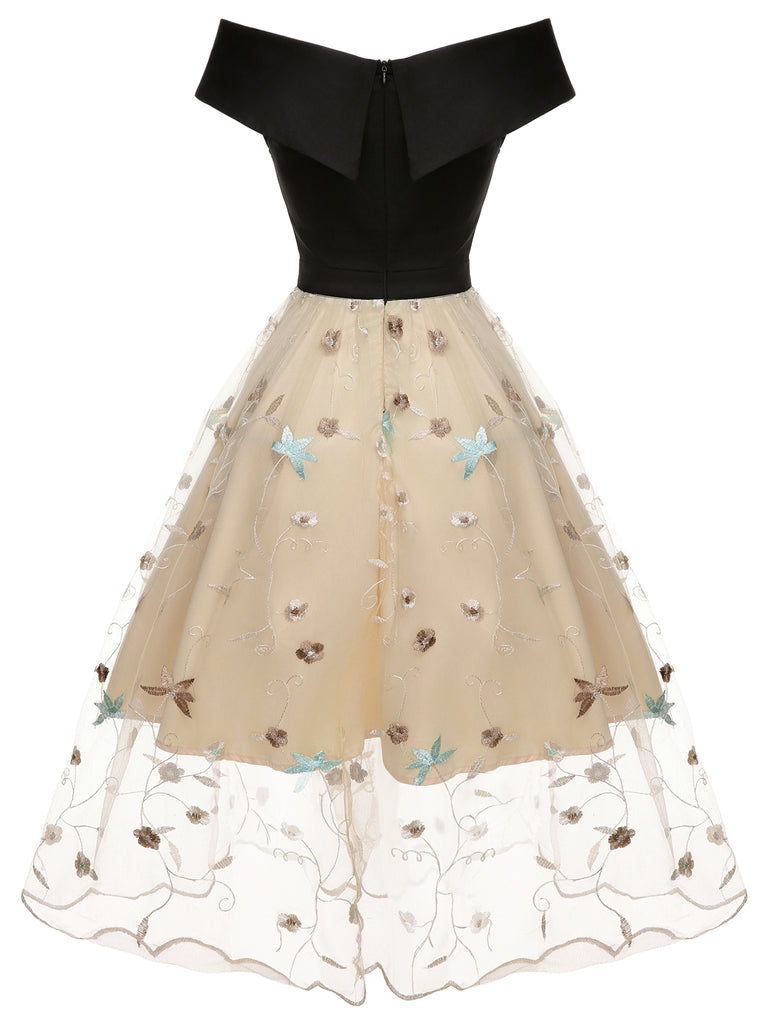 Black & Beige 1950s Floral Mesh Off-Shoulder Dress, vintage dress, retro fashion, rockabilly, pin-up fashion - perfect for women who love vintage and retro fashion
