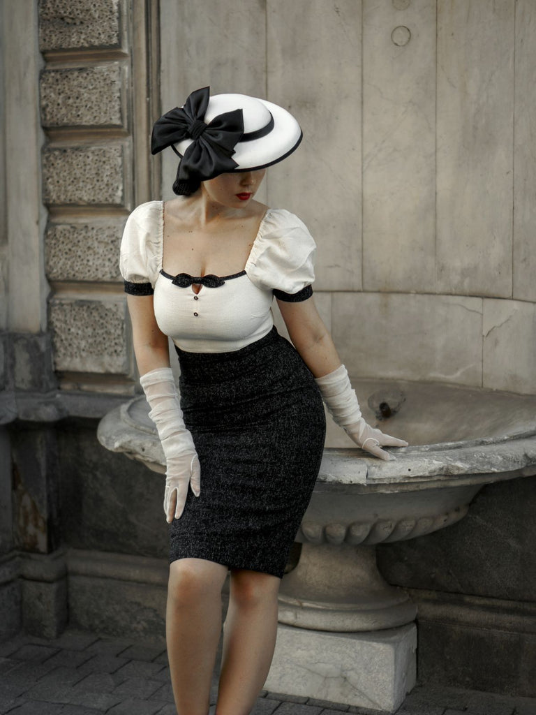 Black & Beige 1960s Puff Sleeve Pencil Dress: where 1960s romance meets her modern spirit