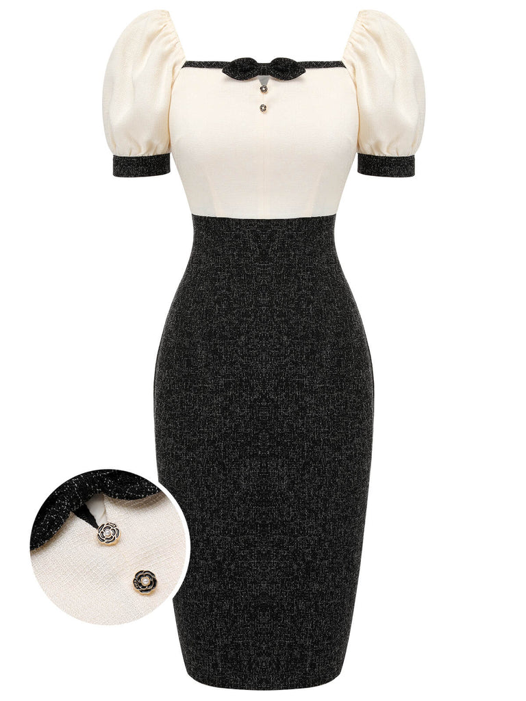 Black & Beige 1960s Puff Sleeve Pencil Dress, vintage dress, retro fashion - perfect for women who love vintage and retro fashion