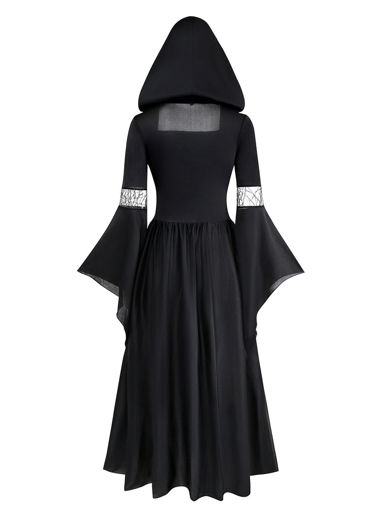 Black & Blue 1930s Witch Lace-Up Hooded Dress - vintage dress, retro fashion, classic black