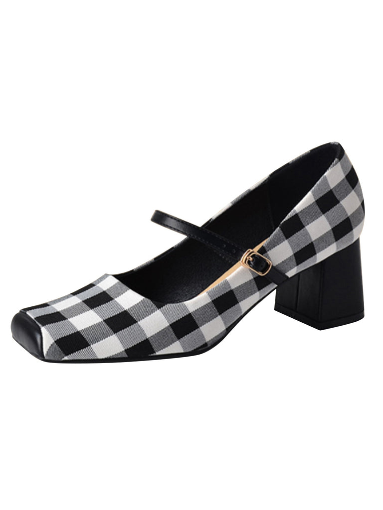 She finds her vintage story in this Black Gingham Plaid Square Toe Chunky Heels