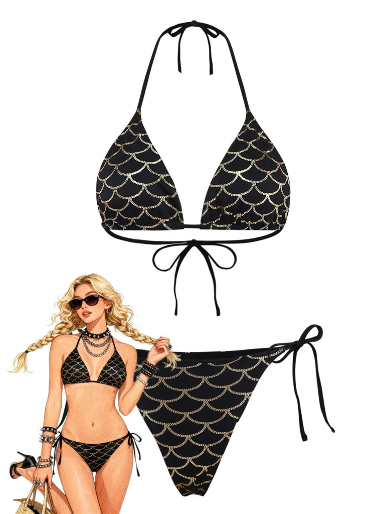 Black Gold 1970s Halter Mermaid Scale Bikini Set - vintage swimwear, retro swimsuit, pin-up style for vintage lovers