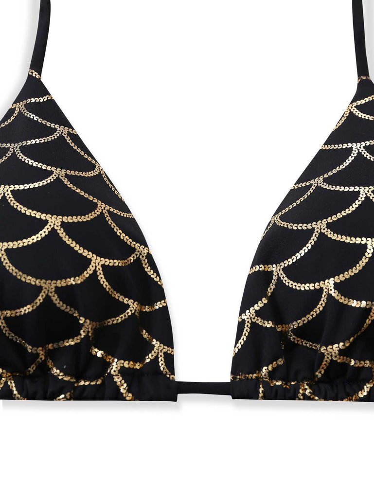 Black Gold 1970s Halter Mermaid Scale Bikini Set - vintage swimwear, retro swimsuit, pin-up style for vintage lovers