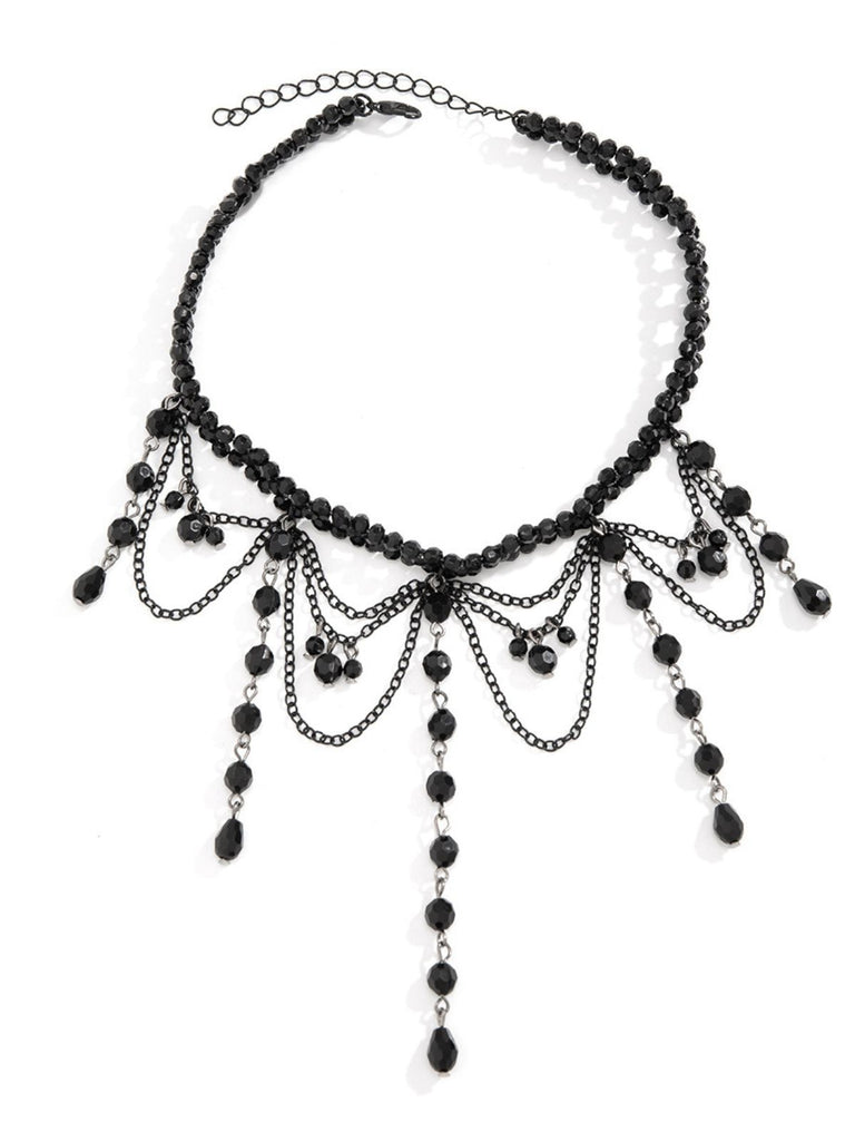 Black Gothic Artificial Crystal Tassels Pendant Necklace - vintage fashion, retro style, classic black